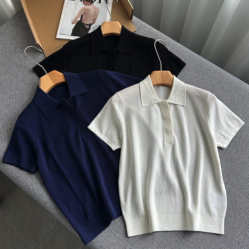 早秋款 莱赛尔天丝上衣翻领正肩POLO领针织衫短袖T恤衬衫女