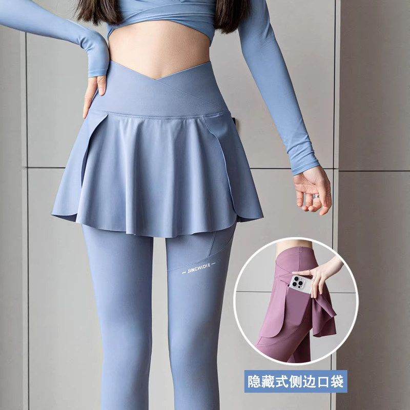 新款假两件瑜伽裤女高腰侧口袋裙子鲨鱼裤外穿时尚显瘦大码打底裤