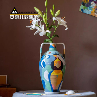 彩绘单双耳花瓶毕加索系列小口陶土花器轻奢客厅样板间装饰品摆件