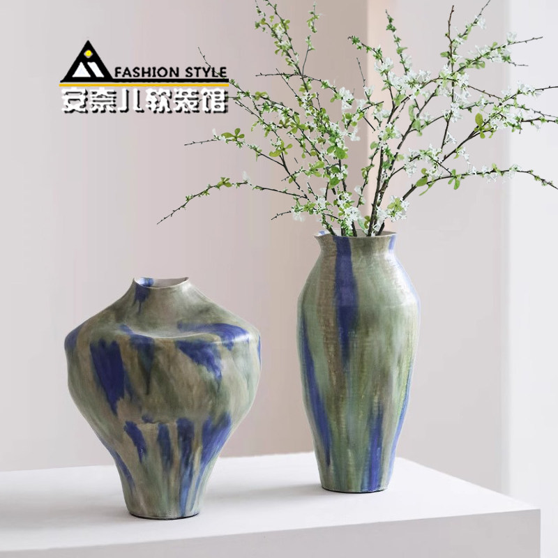 蓝绿彩釉陶瓷花瓶高款插花器摆件