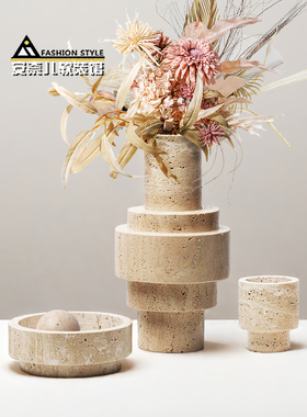 创意黄洞石花瓶大理石花器托盘