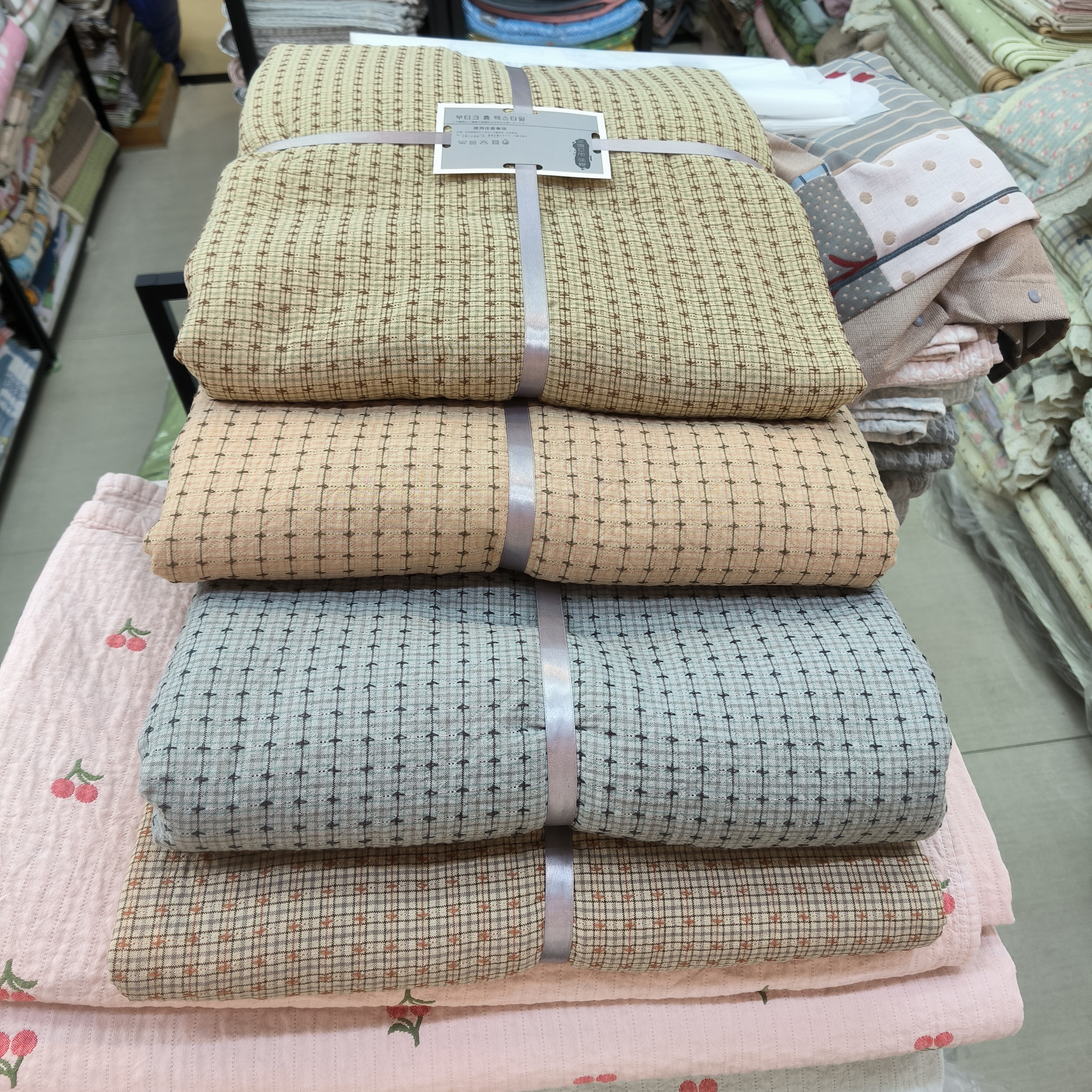 实体店沐瑟纯棉三层纱布水洗提花十字格子双人毛巾被纱布盖毯床盖