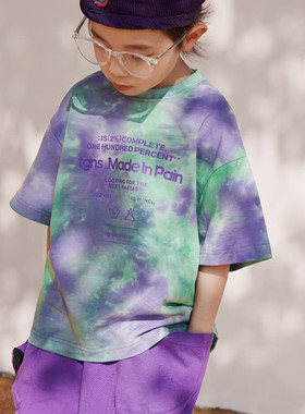 木瓜汁2023夏新款儿童宽松印花短袖男童T恤女童扎染中大童t56620