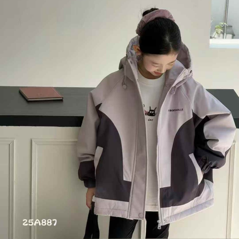 大E小e男童夹棉冲锋衣2025秋冬女童中长款加棉加厚拼色外套25A887