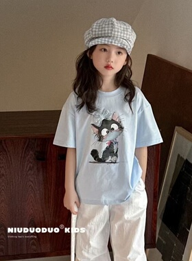 牛哆哆儿童T恤2025夏款女童小猫绣珠短袖韩版中大童洋气半袖55161