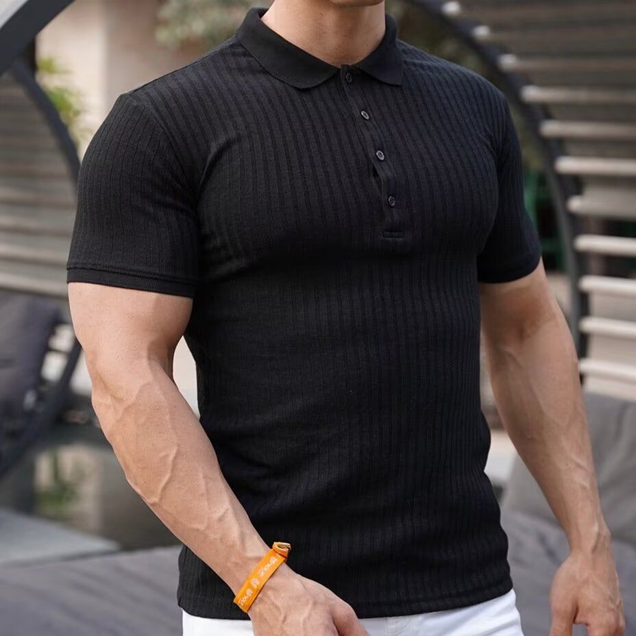 纯色冰丝条纹短袖POLO衫男夏季修身时尚潮流翻领半袖T恤休闲透气