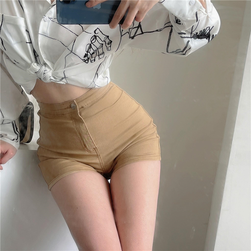 辣妹风 卡其色aa超弹牛仔短裤女百搭基础款显瘦爵士舞蹈热裤