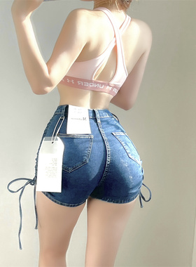 高腰紧身蓝色牛仔短裤女 小个子纯欲绑带个性款性感辣妹包臀热裤