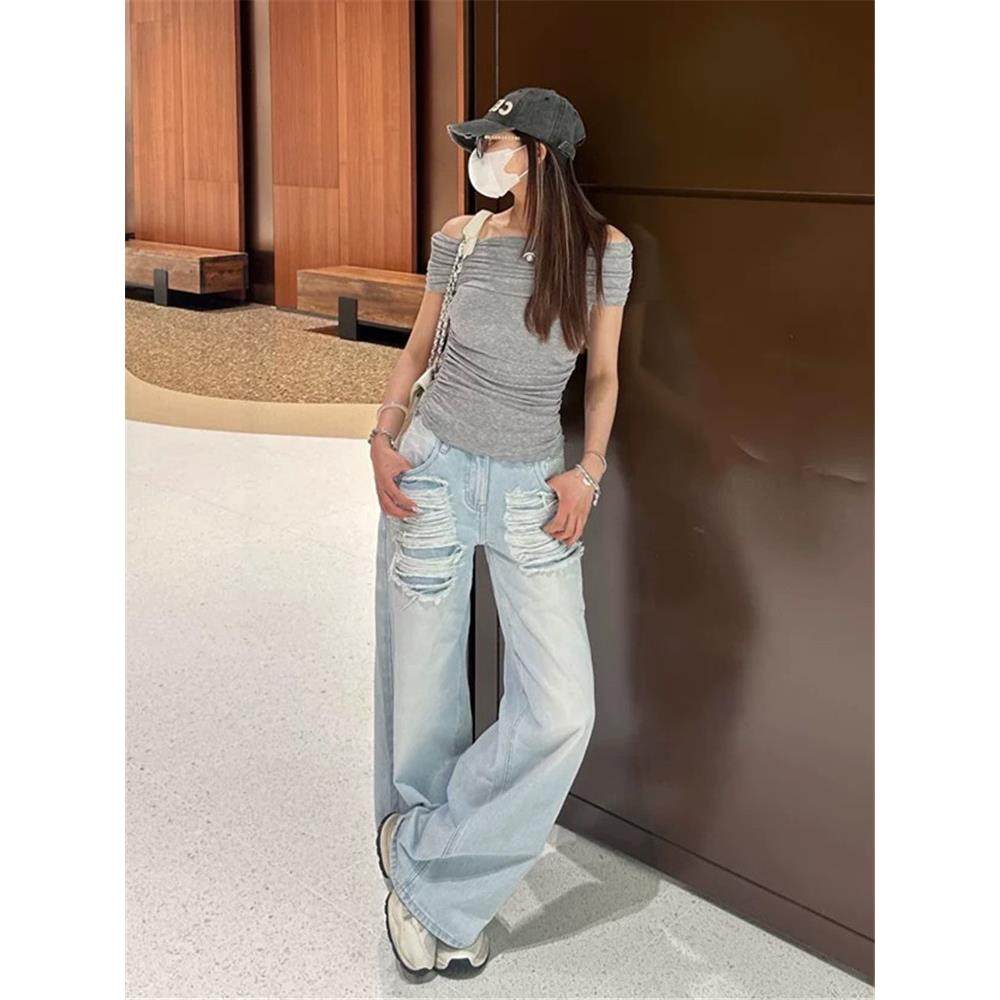 美式复古浅蓝色磨破直筒牛仔裤男