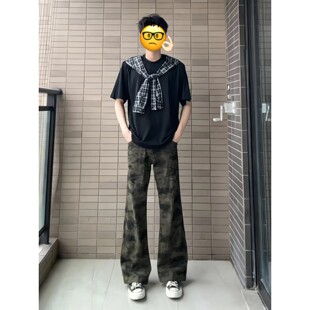 cleanfit迷彩牛仔裤男款夏季ootd男生款显腿长裤子直筒显瘦微喇裤