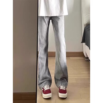 水泥烟灰色微喇牛仔裤男高腰显瘦