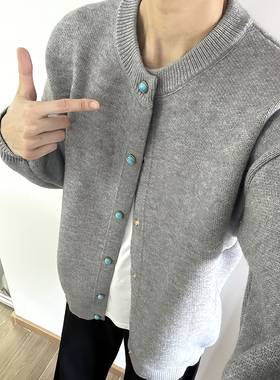 老钱风男装灰色开衫毛衣秋季美式复古慵懒风高级感绿松石针织外套