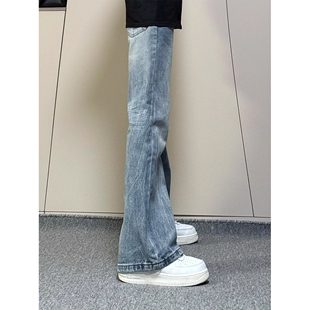 美式竹节闪电纹微喇水洗牛仔裤男加绒高街cleanfit裤子修身直筒裤