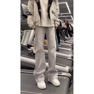 水泥灰美式微喇新款牛仔裤男款高街vibe风弯刀裤子窄版显瘦直筒裤