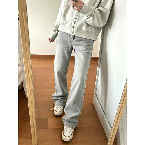 美式复古烟灰色微喇牛仔裤男高街vibe裤子cleanfit修身直筒弯刀裤