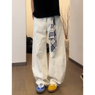 白色方巾格子弯刀裤子男美式复古baggy版型工装裤A字宽松阔腿裤
