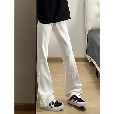 白色微喇牛仔裤男款秋冬加绒加厚