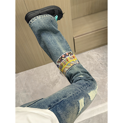 名族风刺绣破洞牛仔裤男款美式