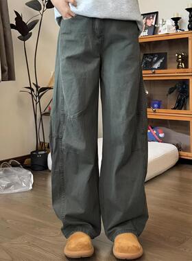 军绿色阔腿工装裤男款夏季美式复古弯刀裤子cleanfit直筒牛仔长裤