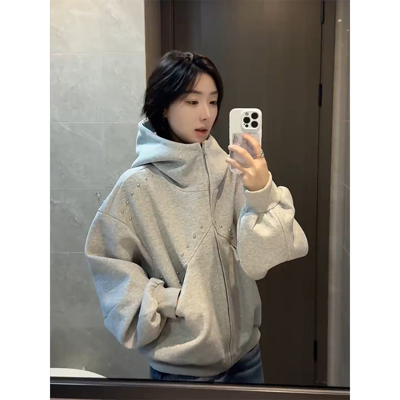 白花灰重磅铆钉连帽卫衣男款外套