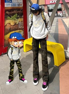 ahcn志存高远迷彩裤男款冬季加绒加厚微喇裤子美式高街牛仔工装裤