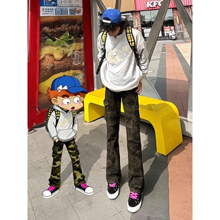 ahcn志存高远迷彩裤男款冬季加绒加厚微喇裤子美式高街牛仔工装裤