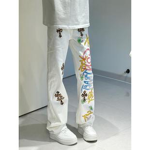 彩绘涂鸦豹纹十字架牛仔裤男款秋季嘻哈美式裤子设计感微喇直筒裤
