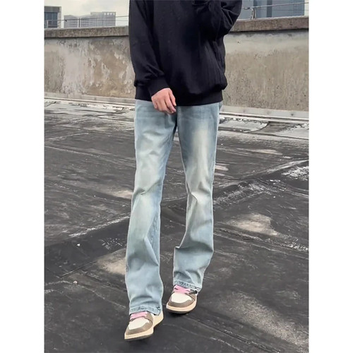 复古蓝水洗修身牛仔裤男款秋季高街美式vibe风裤子显瘦直筒微喇裤