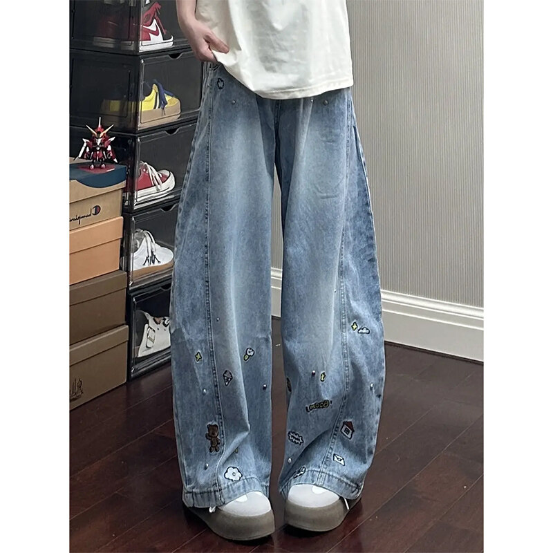 卡通刺绣弯刀牛仔裤宽松高级感