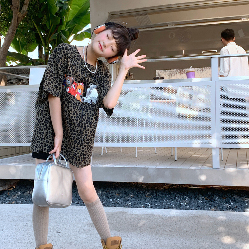 t恤童装2023春季新品女童圆领短袖儿童豹纹体恤中大童套头衫童服T