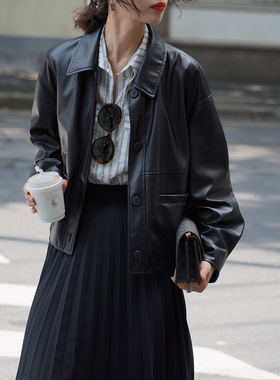 「白描工作间」春季新黑色皮衣女复古宽松短款小个子皮夹克外套女