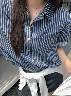 竖条纹口袋刺绣短袖衬衫2025夏休闲复古百搭牛仔衬衣工作衬衫日常
