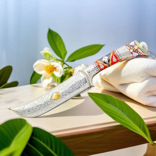 英吉沙手工小刀马蹄款白银刀柄