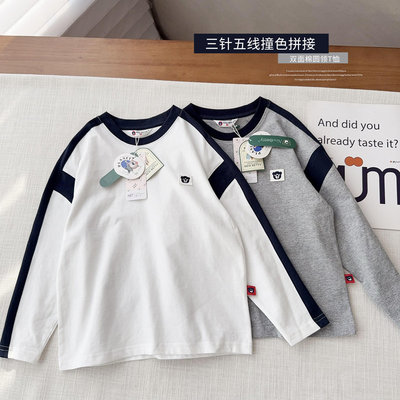 【韩国原单A类】中大童打底磨毛棉拼接T恤2025春新款插肩袖圆领衫