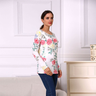 孕妇装 印花长袖 侧开哺乳T恤春秋季 欧美圆领纯棉透气孕妇上衣长袖