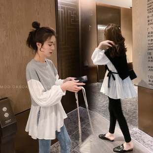 长袖 宽松遮肚上衣孕妇哺乳装 假两件拼接灯笼袖 大码 衬衫 2025春装