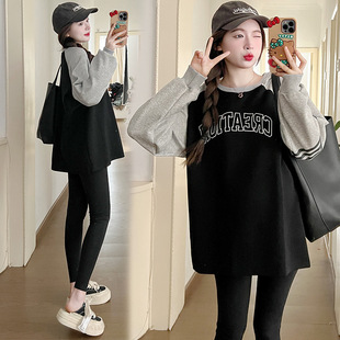 孕妇装 长袖 卫衣秋季 中长款 T恤拼接假两件女潮妈 时尚 2024大码