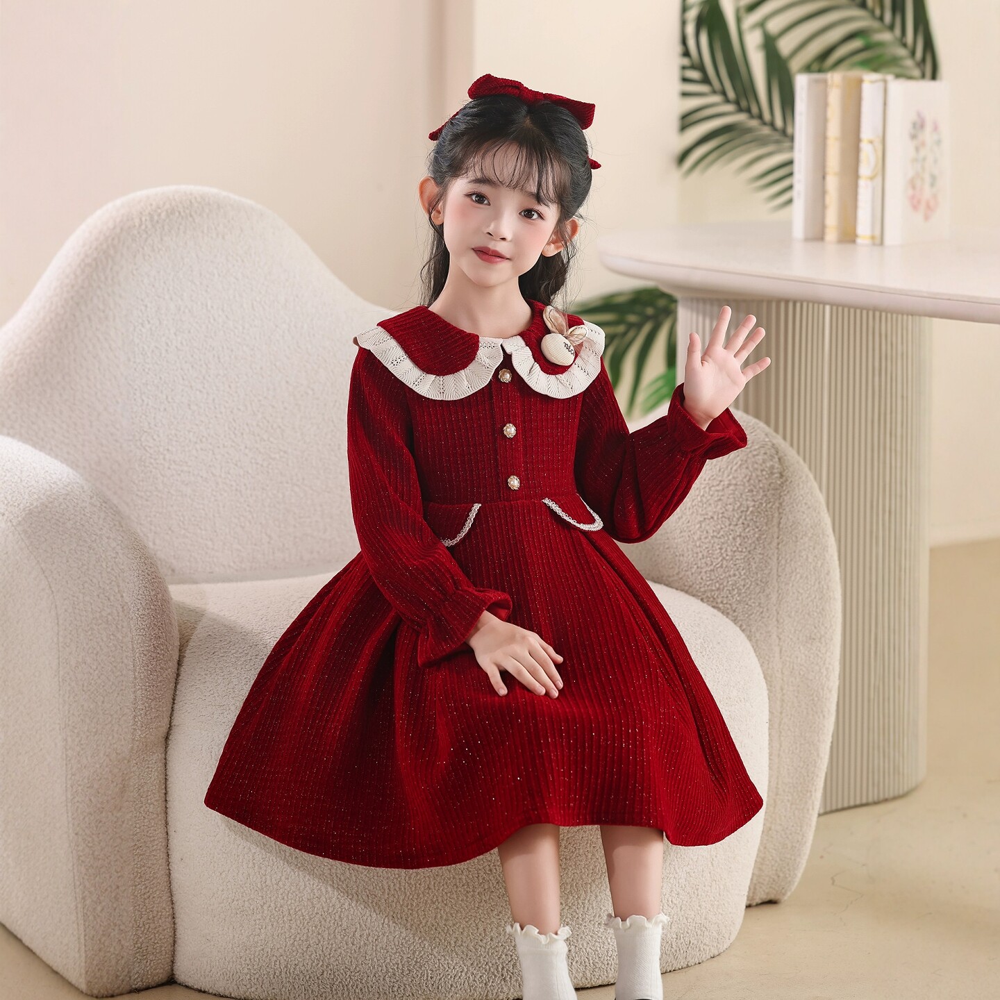 公主裙女童春装2026新款儿童红色连衣裙春季女孩小香风生日礼服裙