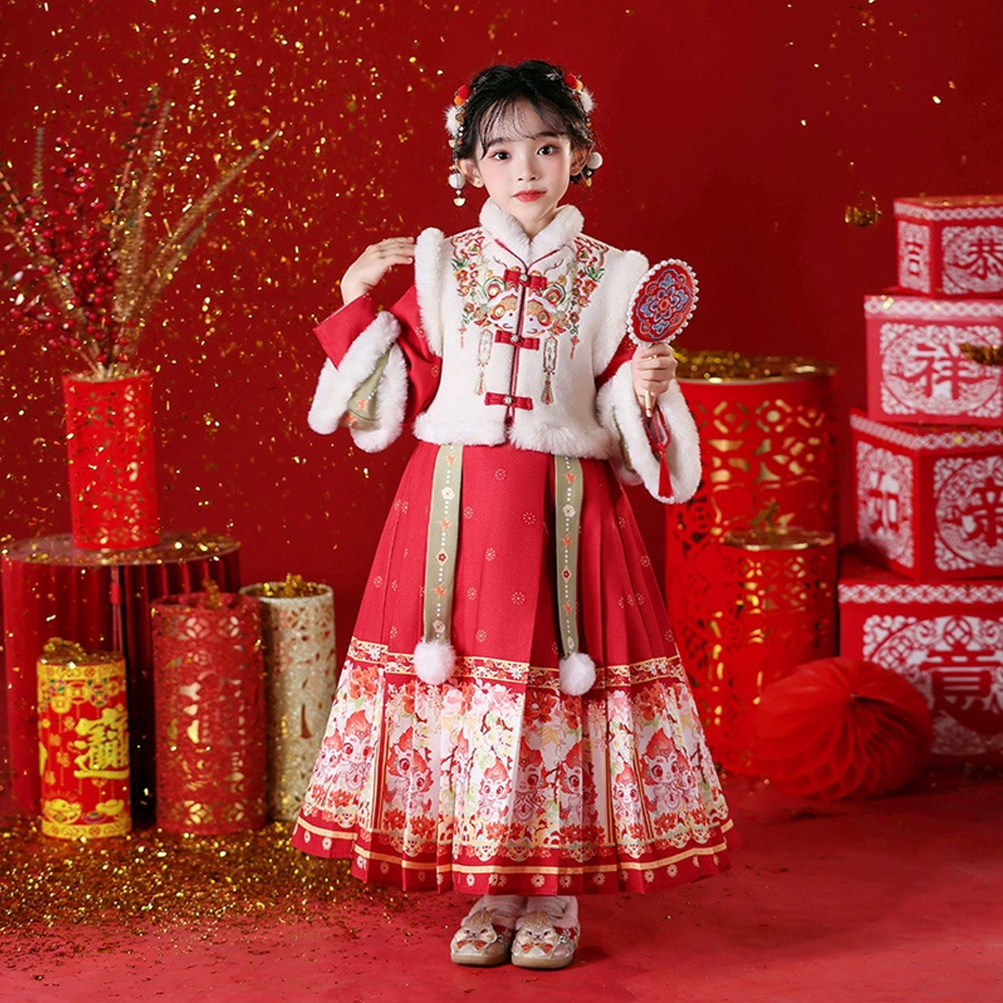 汉服女童冬装2026新款儿童马面裙国风唐装喜庆拜年服女孩过年衣服