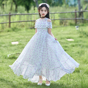 女童雪纺连衣裙夏季2026新款洋气儿童露肩碎花裙子女孩海边沙滩裙