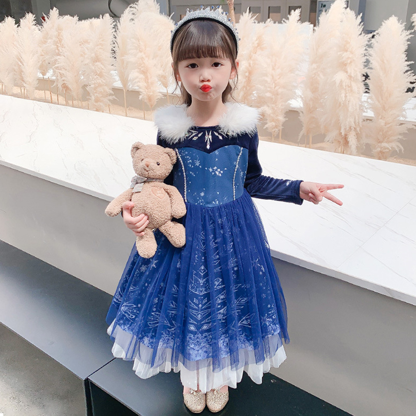 女童秋冬加绒艾莎公主生日礼服裙