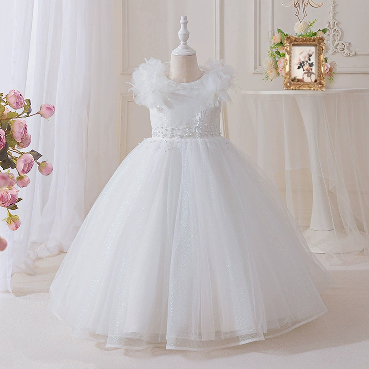儿童礼服蓬蓬纱裙夏季花童婚礼小女孩奢华高级洋气生日主持公主裙