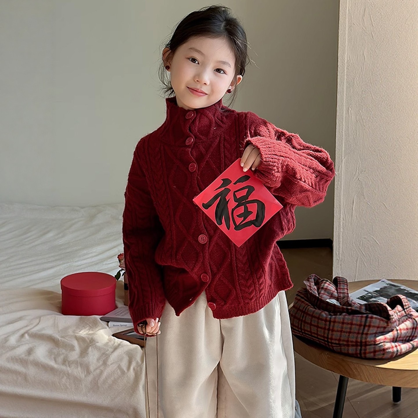 女童针织开衫2025新款儿童洋气秋冬加厚毛衣外套女孩过年红色上衣,童装/婴儿装/亲子装,毛衣/针织衫,淘宝优惠券,粉丝福利购,淘宝优惠卷