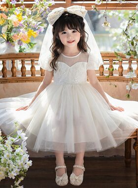 女童礼服公主裙夏季儿童高端女孩白色蓬蓬裙花童主持人钢琴演出服
