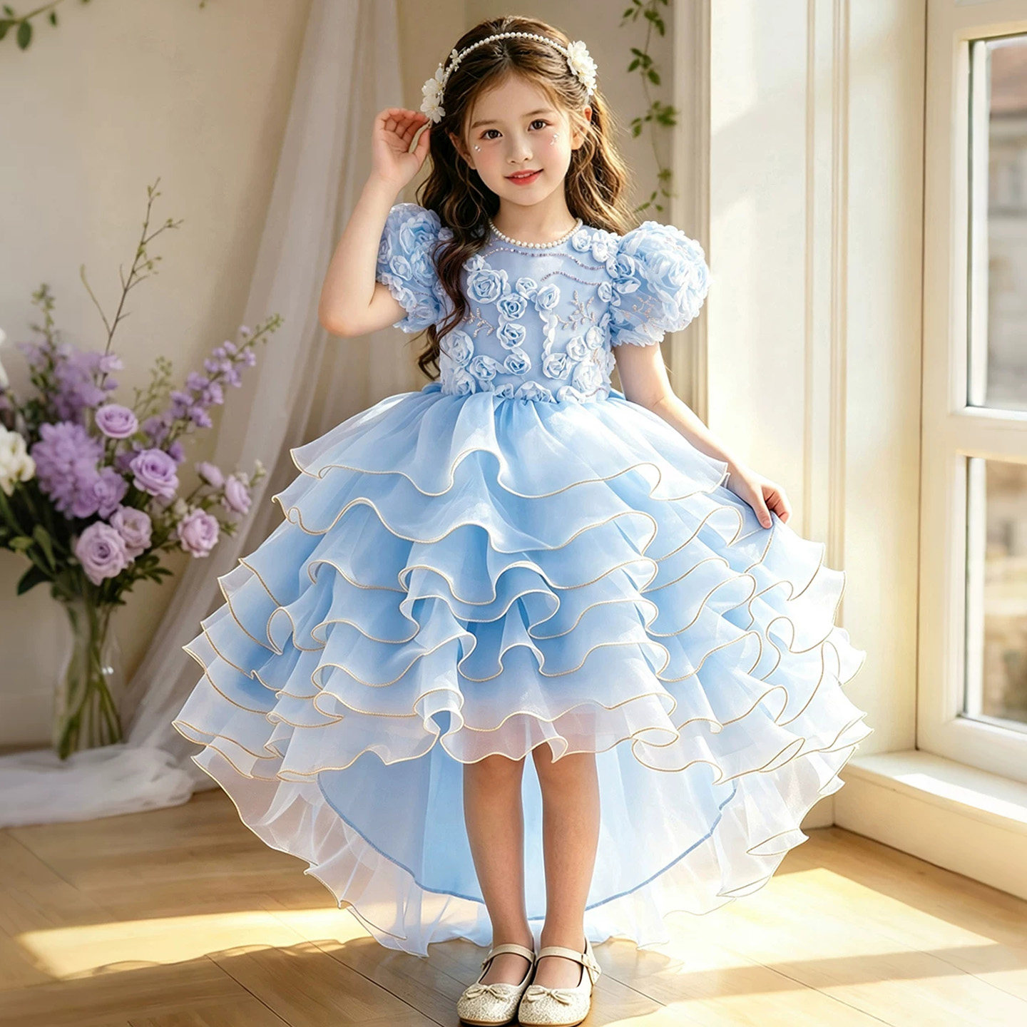 女童连衣裙夏季高端拖尾礼服裙