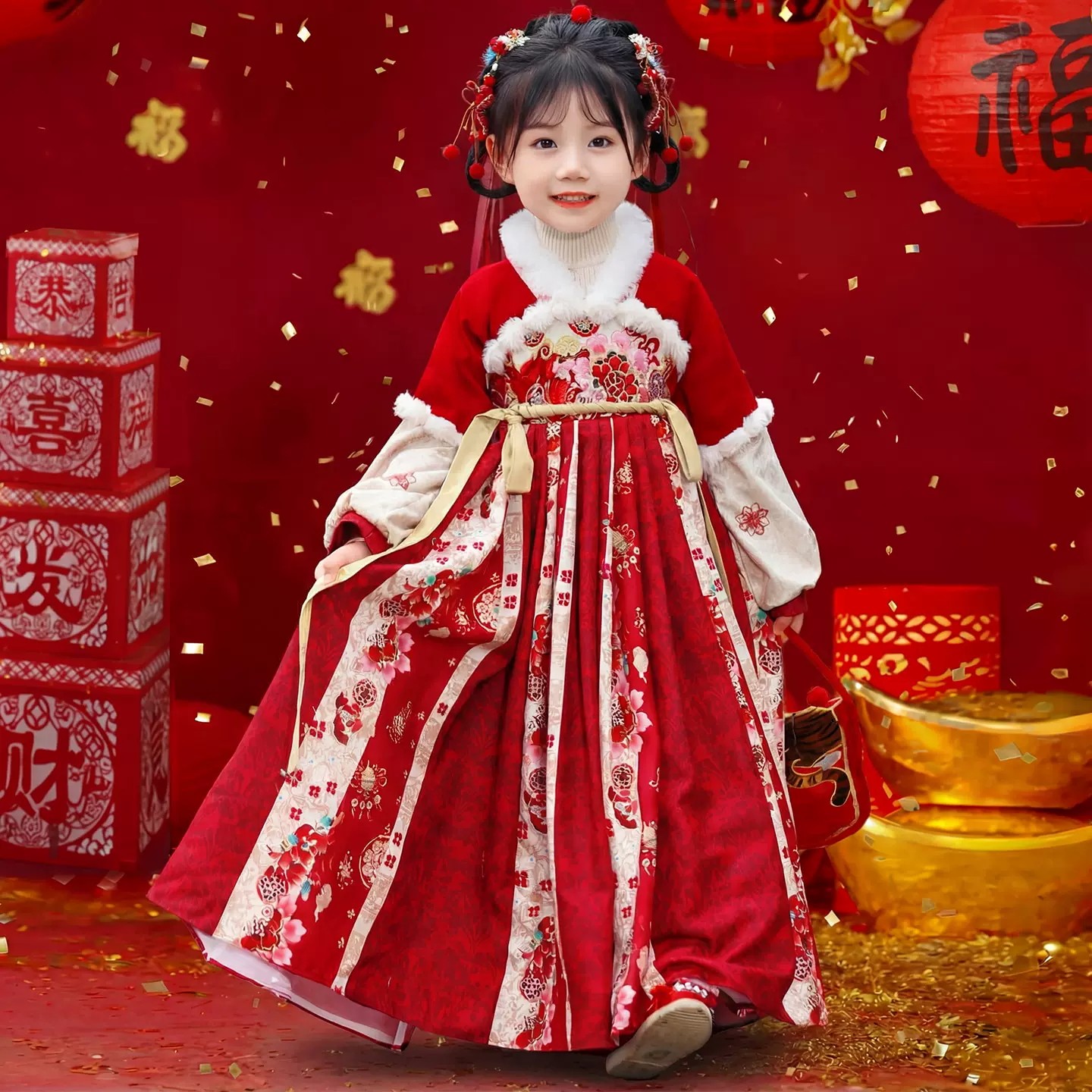女童汉服冬季加绒新年喜庆拜年服
