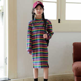 女童连衣裙2026秋冬新款中大童韩版加厚条纹百搭中长款森系公主裙