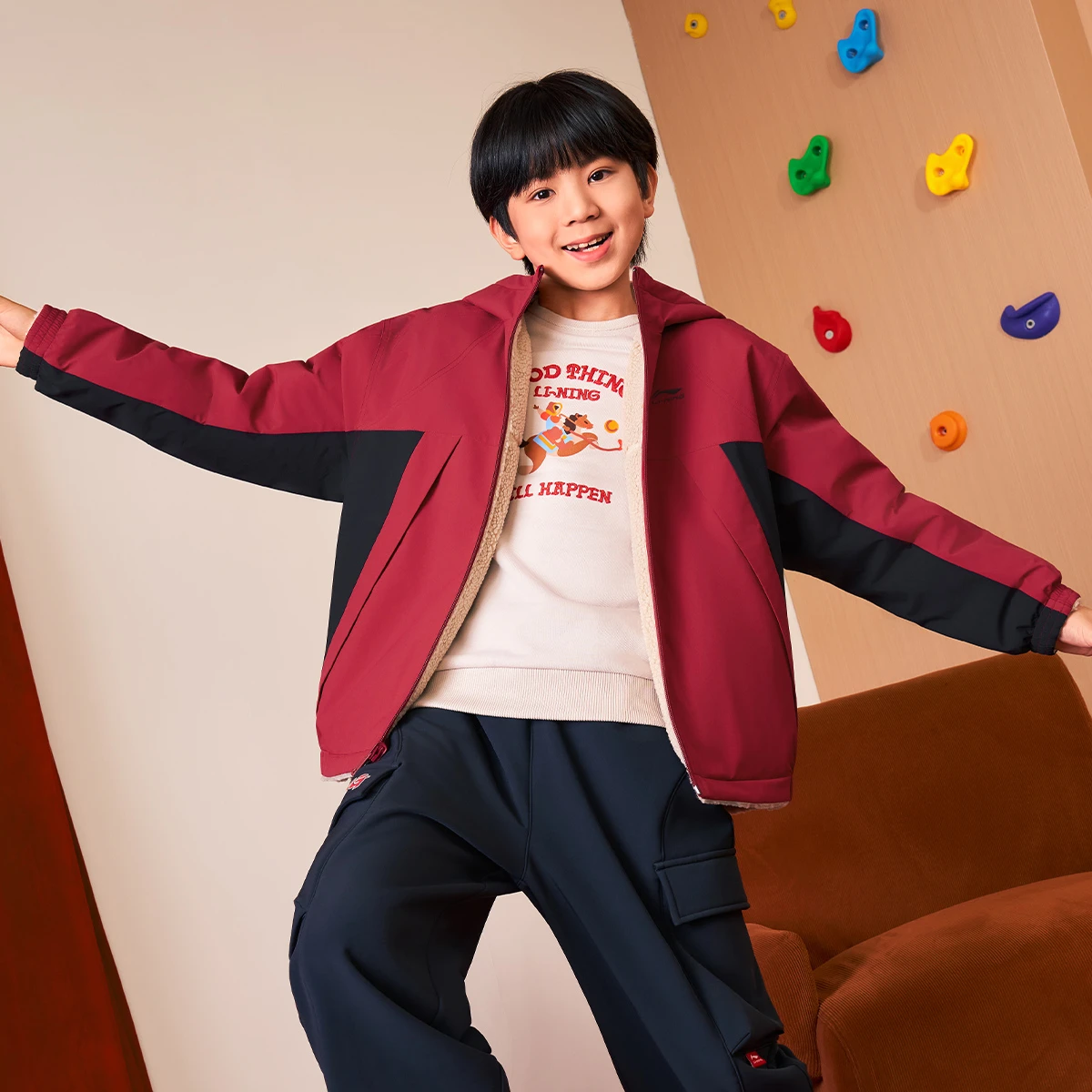李宁男女小大童加绒保暖宽松运动风衣YFDW073-1