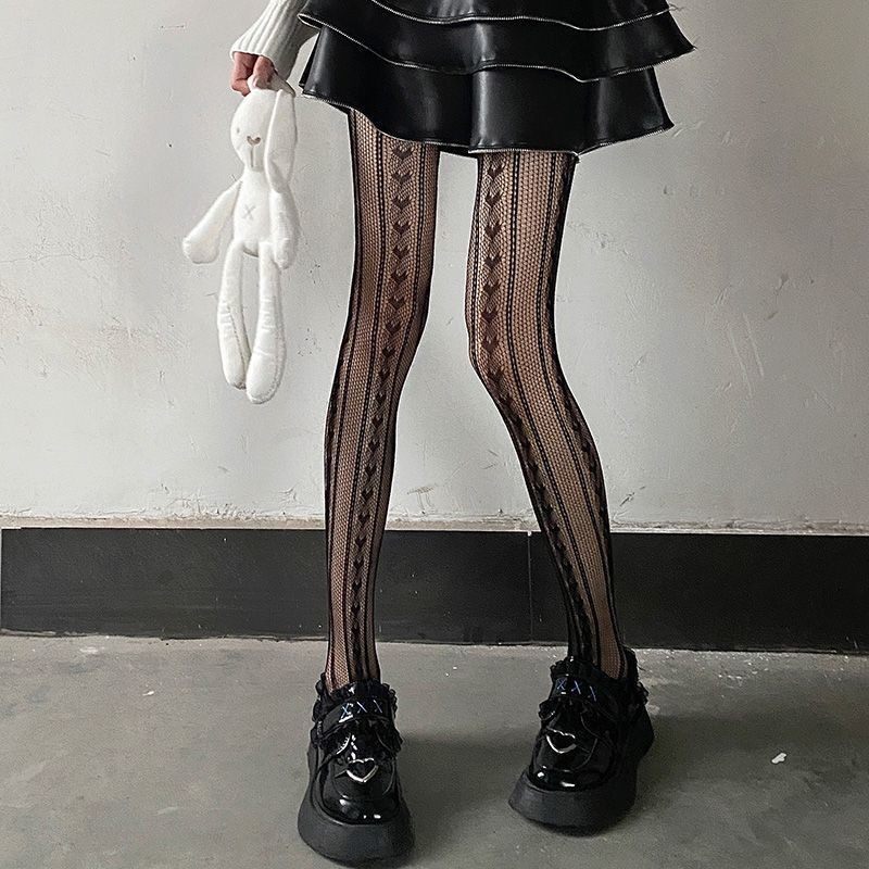 渔网袜女性感黑色丝袜爱心连裤袜竖条纹袜子心形条纹洛丽塔jk日系