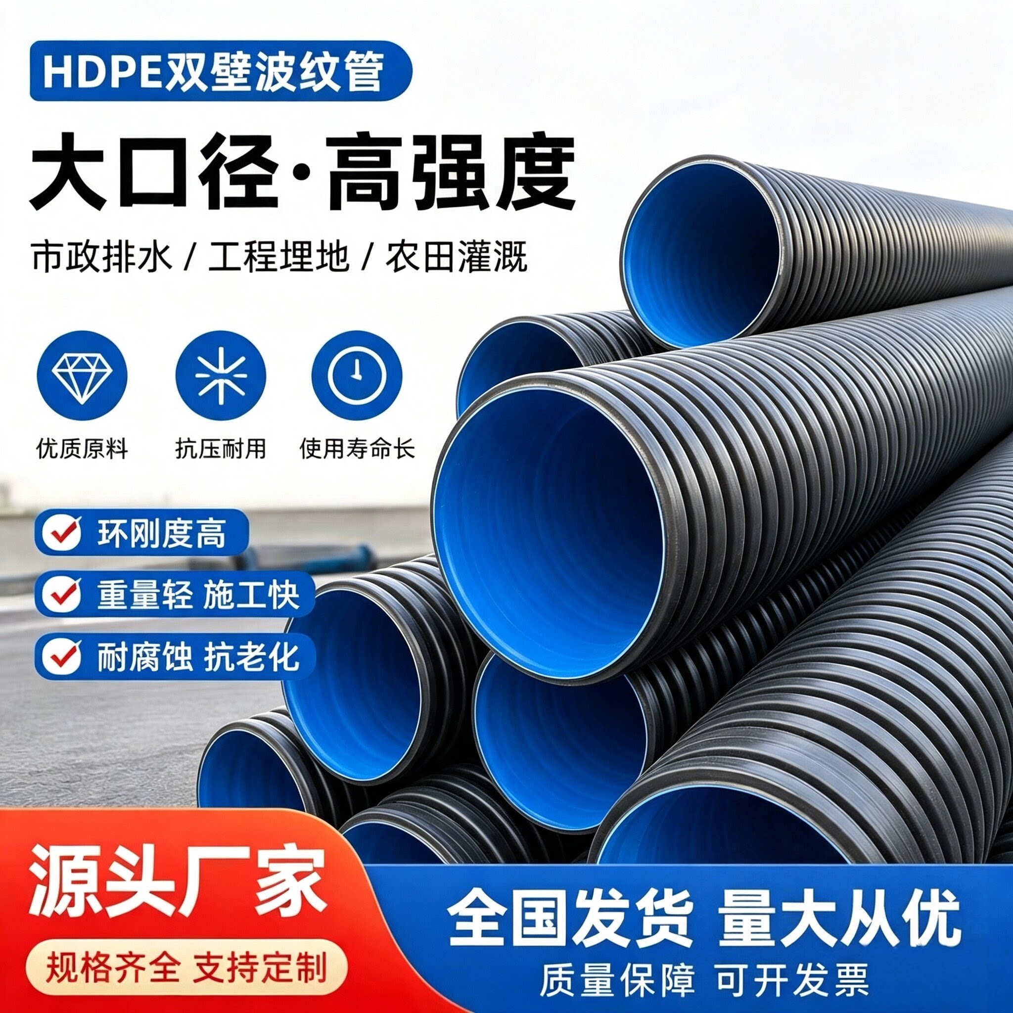 HDPE双壁波纹管排污管300耐腐蚀排水排污管 钢带增强波纹管克拉管图片